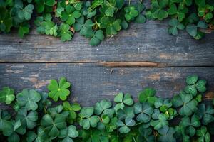 ai genererad klöver löv på trä- tabell. st. Patricks dag bakgrund. generativ ai foto