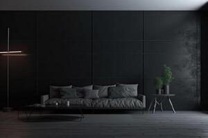 ai genererad modern levande rum interiör i mörk färger. design mörk soffa, tabell och dekor. generativ ai foto
