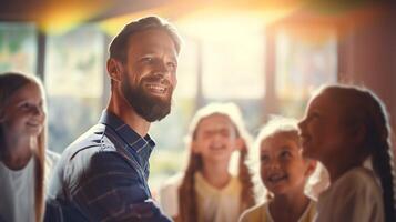 ai genererad stilig leende man lärare i barn klass strålar positivitet foto