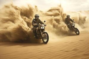 ai genererad motorcyklar körning genom en öken- sandstorm, ai genererad foto