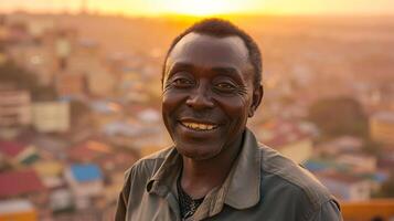 ai genererad porträtt av en leende afrikansk man på solnedgång i de stad foto