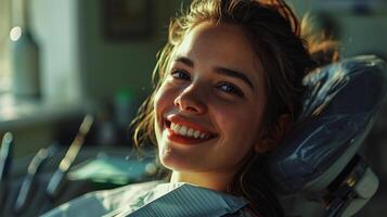 ai genererad porträtt av en leende ung kvinna i en dental stol på de tandläkare foto