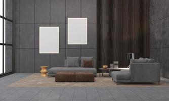 realistisk mockup 3d återges interiör i modernt vardagsrum med soffa - soffa och bord foto