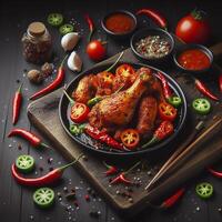 ai genererad indisk chili kyckling torr eras i en tallrik över lynnig bakgrund foto