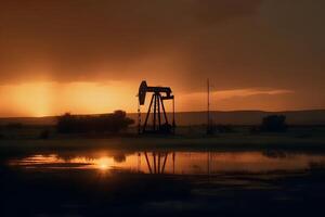 ai genererad Foto av rå olja pumpjack rigg på solnedgång. begrepp konst av olja produktion eller frågor av natur skydd