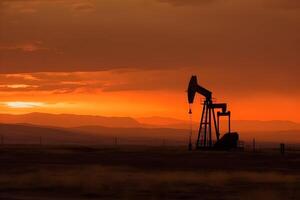 ai genererad Foto av rå olja pumpjack rigg på solnedgång. begrepp konst av olja produktion eller frågor av natur skydd