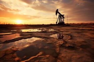 ai genererad Foto av rå olja pumpjack rigg på solnedgång. begrepp konst av olja produktion eller frågor av natur skydd