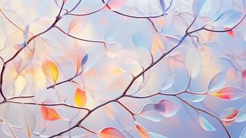 ai genererad flerfärgad genomskinlig is löv på träd gren i delikat mjuk ljus frammanande känsla av vördnad foto