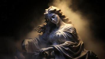 ai genererad gammal antik staty av kvinna person i mystisk dis på dyster mörk bakgrund, skön staty foto