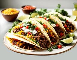 traditionell mexikansk tacos med kött och grönsaker på vit bakgrund foto
