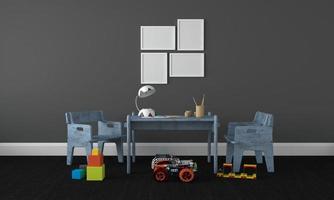 barnrum, lekhus, barnmöbler med leksak och rammockup foto