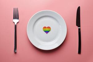 hjärta i HBTQ flagga färger i tallrik. romantisk Gay dejting i Kafé eller restaurang. väntar för särskild HBTQ gäst för bröllop bankett. foto