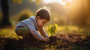 ai genererad liten pojke försiktigt växter träd ungt träd i jord av solljus trädgård skapande hjärtvärmande scen foto