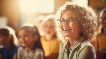ai genererad stilig leende kvinna lärare i barn klass strålar positivitet foto