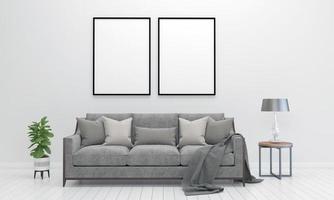 realistisk mockup 3d återges interiör i modernt vardagsrum med soffa - soffa och bord foto