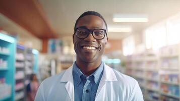 ai genererad artig leende svart apotekare i vit täcka assisterar klienter i apotek tillhandahålla råd foto