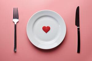 väntar för en favorit maträtt i restaurang eller Kafé. hjärta på tallrik med gaffel och kniv. älskande möte på en dagligen lunch. foto