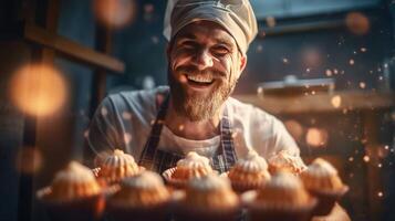 ai genererad glad manlig bagare porträtt stolt visning hans härlig kakor, solljus bakgrund foto
