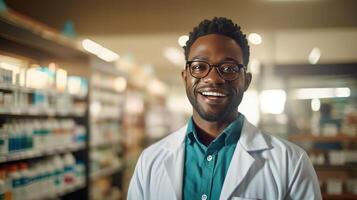 ai genererad artig leende svart apotekare i vit täcka assisterar klienter i apotek tillhandahålla råd foto