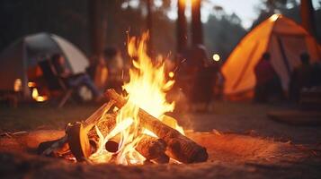ai genererad värma mysigt lägereld lågor dansa i skymning med tält camping bakgrund inbjudande atmosfär för camping foto