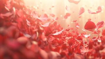 ai genererad röd reste sig kronblad försiktigt faller i mjuk solljus, ömtålig feminin bakgrund foto