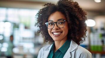 ai genererad artig leende svart kvinna apotekare i vit täcka assisterar klienter i apotek tillhandahålla råd foto