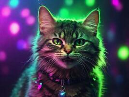 ai genererad maine Coon katt med grön ögon stänga upp porträtt i neon ljus foto