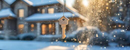 ai genererad nyckel med hus formad Nyckelring. modern Land privat villa med vinter- snöig trädgård på de bakgrund. verklig egendom, rör på sig Hem eller hyra fast egendom begrepp foto