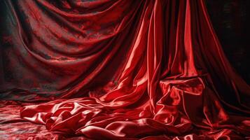 ai genererad elegans i draperi lyxig röd satin ridå foto