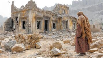 ai genererad arab man står i främre av de ruiner av hus från taiz stad, eftersom av de krig. foto