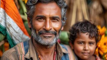 ai genererad porträtt av en hindu man med son i varanasi, Indien. foto