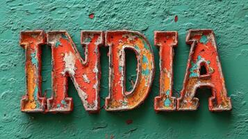 ai genererad de ord Indien skriven i rostig metall brev på en grön bakgrund. foto