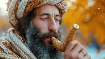 ai genererad en jewish man blåser de shofar bagge horn på rosh hashana. foto