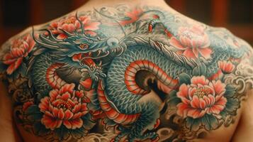ai genererad asiatisk tatuering konst, närbild av färgrik drake mönster på de kropp. foto