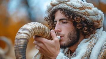 ai genererad en jewish man blåser de shofar bagge horn på rosh hashana. foto