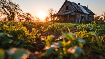 ai genererad övergiven hus i de äng på solnedgång. skön lantlig landskap. foto