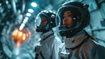 ai genererad asiatisk astronaut kvinna och man bär space i Plats station. foto
