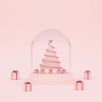 julgran i en snöklot med julklappar på en rosa bakgrund, 3d -rendering foto