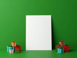 scen av tomt vitt papper lutad mot väggen och gåvor, 3d -rendering foto