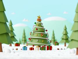 god jul och gott nytt år, landskap av dekorerat julgran med gåvor på en snöig mark i skogen, 3d -rendering
