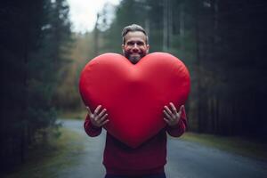 ai genererad ung vuxen caucasian man man innehav stor röd hjärta i barr- skog, neuralt nätverk genererad fotorealistisk bild foto