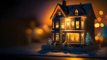 ai genererad skön hus på nattetid med jul lampor, hög kontrast och bokeh, neuralt nätverk genererad konst foto