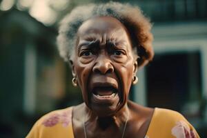 ai genererad arg afrikansk amerikan äldre kvinna porträtt, neuralt nätverk genererad fotorealistisk bild foto