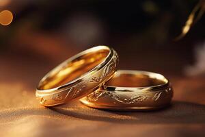 ai genererad stänga upp av två guld bröllop ringar bokeh stil bakgrund med genererad ai foto