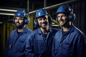 ai genererad tre underhåll ingenjör bär blå enhetlig leende bokeh stil bakgrund med genererad ai foto