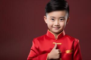 ai genererad kinesisk ny år ung pojke tummen upp och leende med generativ ai foto