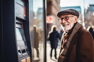 ai genererad ett gammal man använder sig av ett Bankomat maskin med generativ ai foto