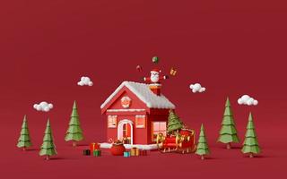 god jul och gott nytt år, rött hus i tallskogen med jultomten i skorstenen, 3d -rendering