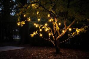ai genererad en sträng av lampor hängande på de träd bokeh stil bakgrund med generativ ai foto