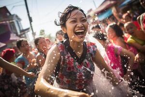 ai genererad thai kvinna spelar vatten i songkran festival bokeh stil bakgrund med generativ ai foto